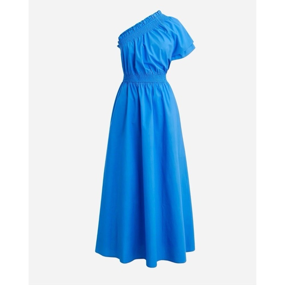 J. Crew Smocked One Shoulder Cotton Poplin Sail‎ Blue Midi Dress Size S